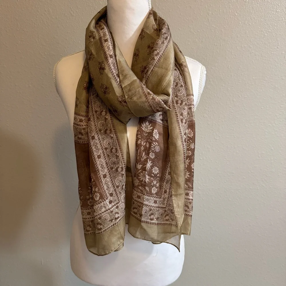 100% Pure Silk Floral Scarf | Golden Tan & Mauve Pink-ish 20